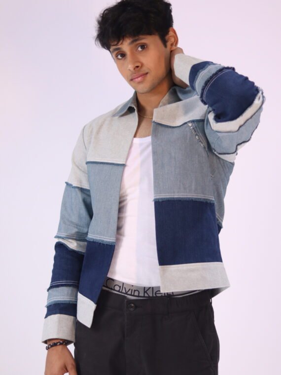 THREE TONE FRAYED DENIM JACKET